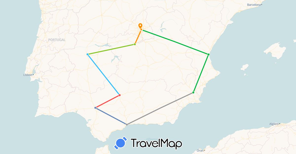 TravelMap itinerary: driving, bus, plane, cycling, hiking, boat, hitchhiking, electric vehicle in Spain (Europe)